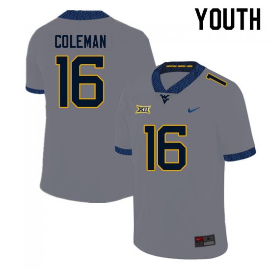 Youth West Virginia Mountaineers NCAA #16 Caleb Coleman Gray Authentic Nike Stitched College Football Jersey OR15H55PD